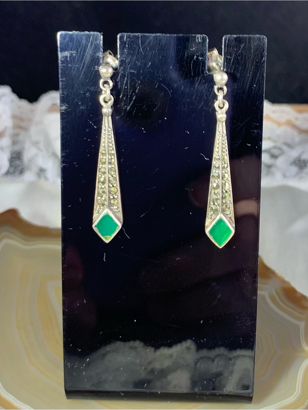 Vintage Art Deco Sterling Silver Green Agate? Marcasite dangle earrings.